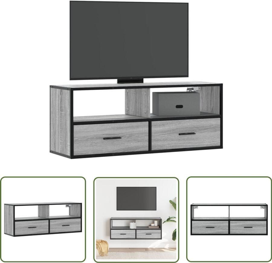 The Living Store Tv-meubel 100x31x39 5 cm bewerkt hout metaal grijs sonoma eiken Tv Meubel Salontafel Houten Tv Kast Industrieel Design Grijze Tv Tafel
