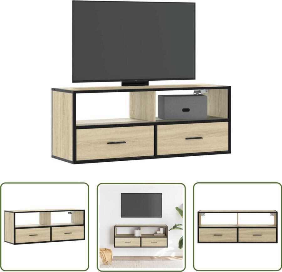 The Living Store Tv-meubel 100x31x39 5cm bewerkt hout metaal sonoma eikenkleurig Tv Meubel Salontafel Houten Tv Kast Industrieel Design Mediabox