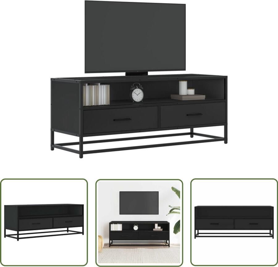 The Living Store Tv-meubel 100x34 5x40 cm bewerkt hout en metaal zwart Tv Meubel Salontafel Houten Tv Stand Zwarte Tv Kast Industrieel Tv Meubel