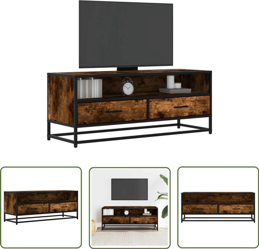 The Living Store Tv-meubel 100x34 5x40 cm bewerkt hout metaal gerookt eikenkleur Tv Meubel Salontafel Houten Tv Stand Industrieel Tv Meubel Opbergruimte Tv