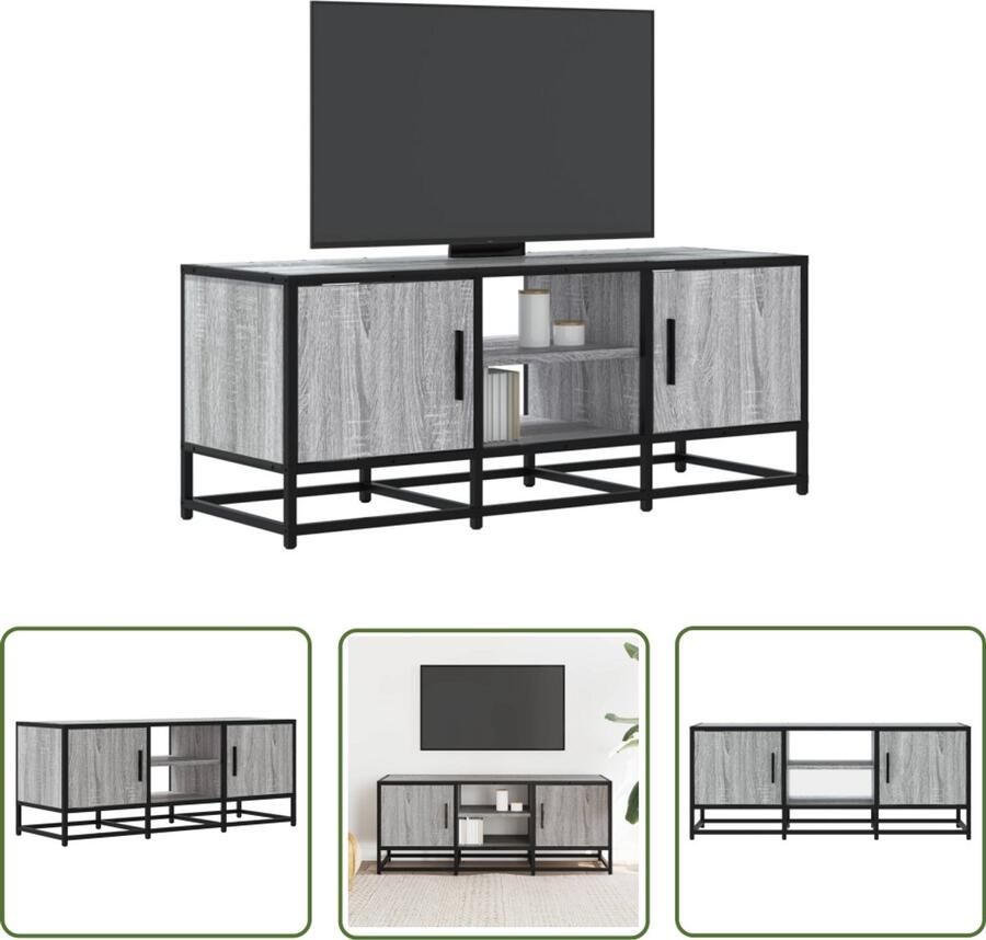 The Living Store Tv-meubel 100x35x41 cm bewerkt hout metaal grijs sonoma eiken Tv Meubel Salontafel Opbergkast Houten Tv Stand Industrieel Design