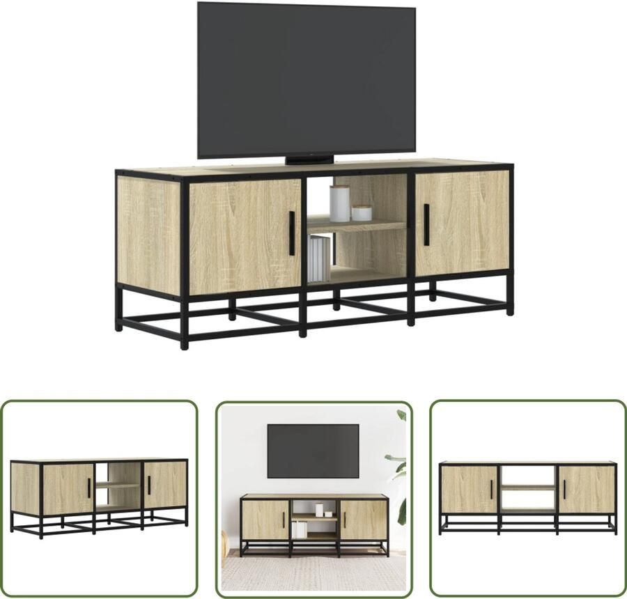 The Living Store Tv-meubel 100x35x41 cm bewerkt hout metaal sonoma eikenkleurig Tv Meubel Salontafel Houten Tv Stand Industrieel Design Opbergruimte