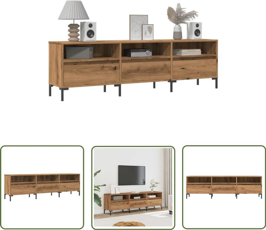 The Living Store Tv-meubel 150x30x44 5 cm bewerkt hout artisanaal eikenkleur Tv Meubel Salontafel Houten Tv Kast Opbergruimte Televisiebank