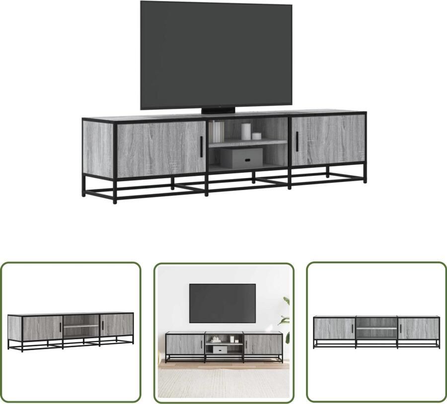 The Living Store Tv-meubel 160x35x41 cm bewerkt hout metaal grijs sonoma eiken Tv Meubel Salontafel Opbergkast Houten Tv Stand Industrieel Design