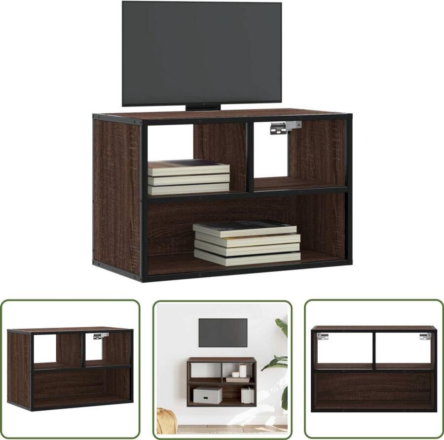 The Living Store Tv-meubel 60x31x39 5 cm bewerkt hout metaal bruin eikenkleurig Tv Meubel Salontafel Houten Tv Kast Industrieel Design Mediabox