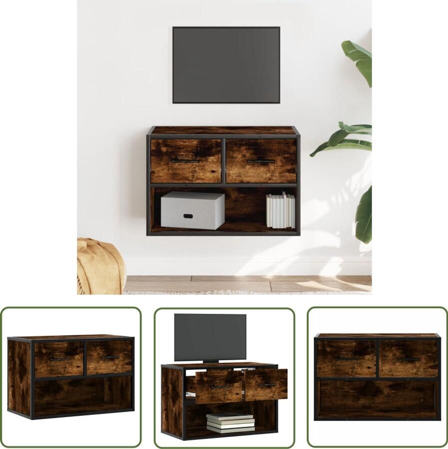 The Living Store Tv-meubel 60x31x39 5 cm bewerkt hout metaal gerookt eikenkleur Tv Meubel Salontafel Houten Tv Kast Industrieel Design Wandmontage