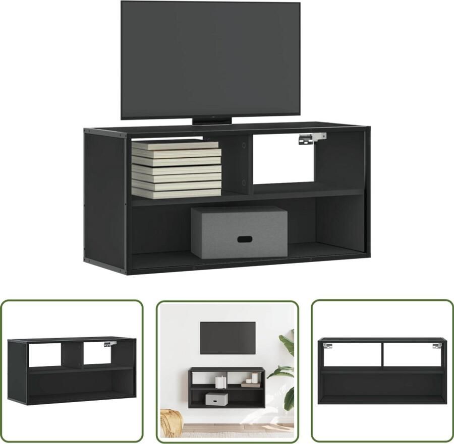 The Living Store Tv-meubel 80x31x39 5 cm bewerkt hout en metaal zwart Tv Meubel Salontafel Zwarte Kast Houten Tv Stand Industrieel Design
