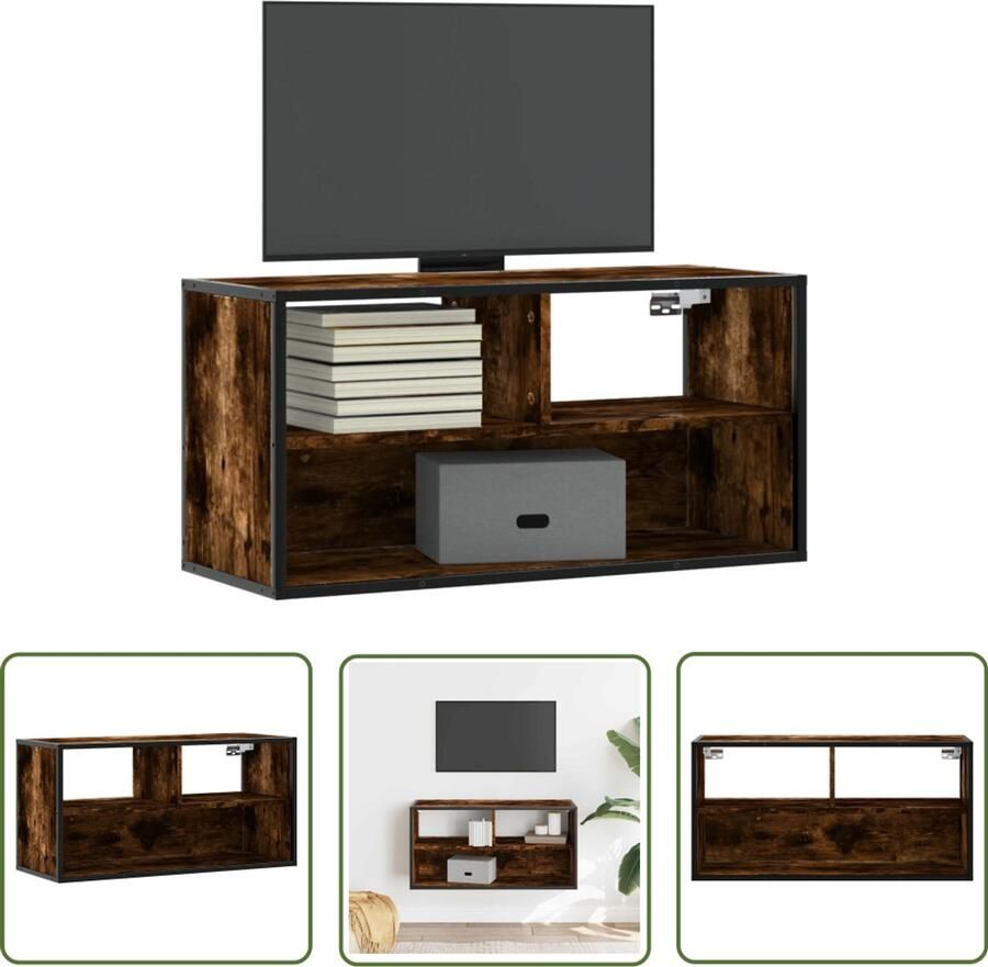 The Living Store Tv-meubel 80x31x39 5cm bewerkt hout metaal gerookt eikenkleurig Tv Meubel Salontafel Houten Tv Kast Industrieel Design Wandmontage