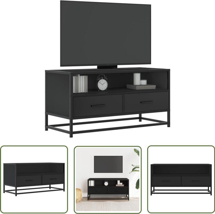 The Living Store Tv-meubel 80x34 5x40 cm bewerkt hout en metaal zwart Tv Meubel Salontafel Mediacafe Tafel Zwarte Tv Stand Houten Tv Kast