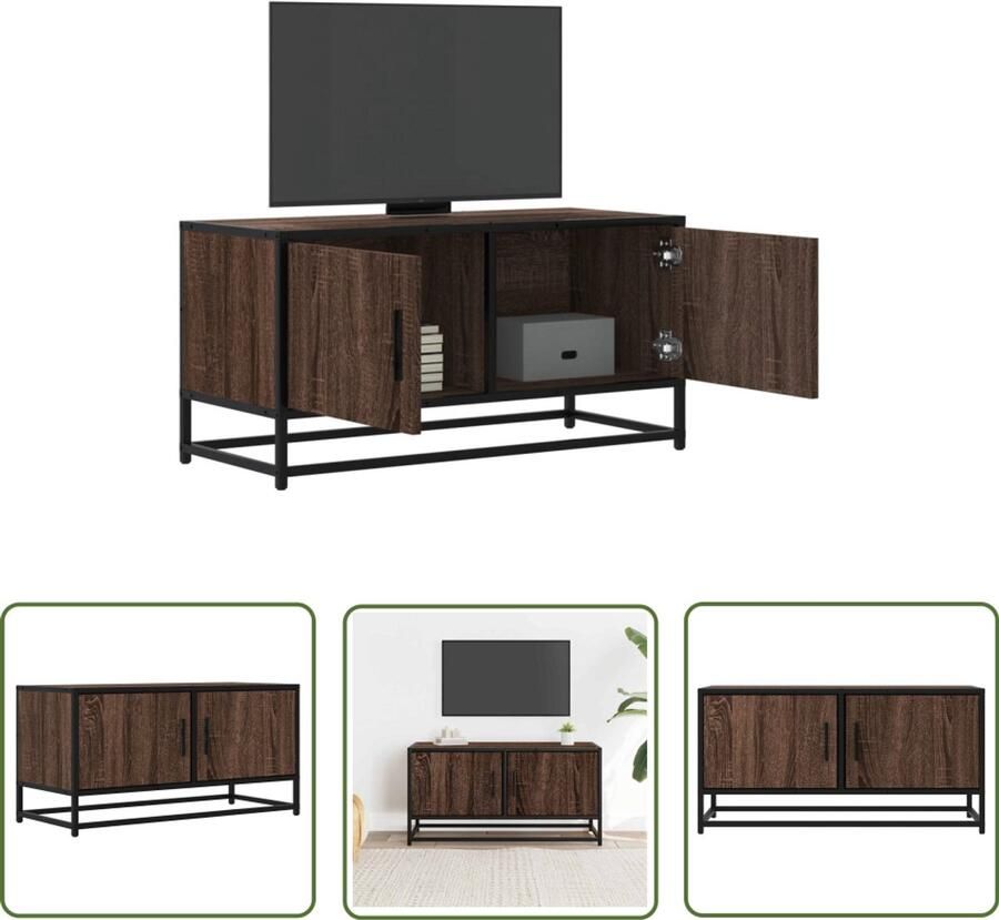 The Living Store Tv-meubel 80x34 5x40 cm bewerkt hout metaal bruin eikenkleur Tv Meubel Salontafel Houten Tv Stand Industrieel Design Opbergruimte