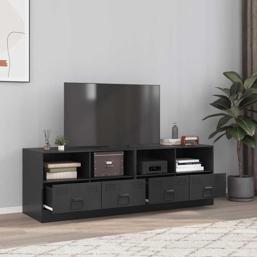 The Living Store Tv-meubelen 2 st 67x39x44 cm staal zwart Tv Meubel Salontafel Koudgewalst Staal Zwart Tv Stand