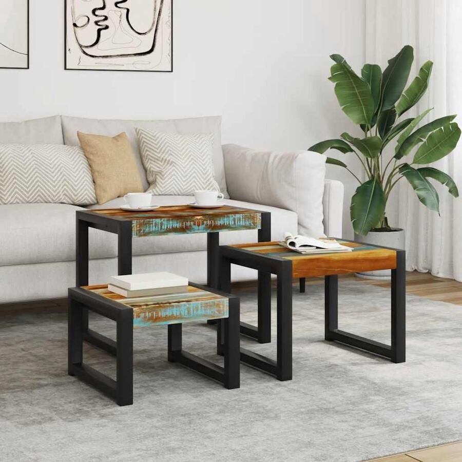 The Living Store Tafelset Vintage Stijl Salontafels Bijzettafels Nachtkastjes Gerecycled Hout Stalen Frame Meerkleurig Handgemaakt Set van 3 Vintage Meubels Salontafel Bijzet Tafels Nachtkastje Industriële Meubels - Foto 2