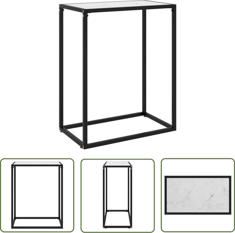 The Living Store Wandtafel Glas-en-Staal 60 x 35 x 75 cm Wit 5 mm Glas Marmer textuur Wandtafel Salontafel Bijzettafel Glazen Tafel Witte Tafel - Foto 2