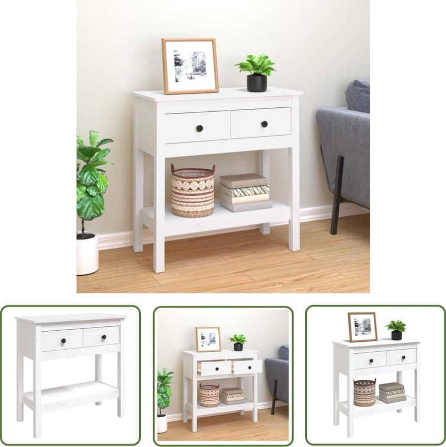 The Living Store Wandtafel Classic White Massief Grenenhout 75 x 35 x 75 cm 2 lades Open schap Wandtafel Salontafel Bijzettafel Grenoble Hout Witte Kast - Foto 2