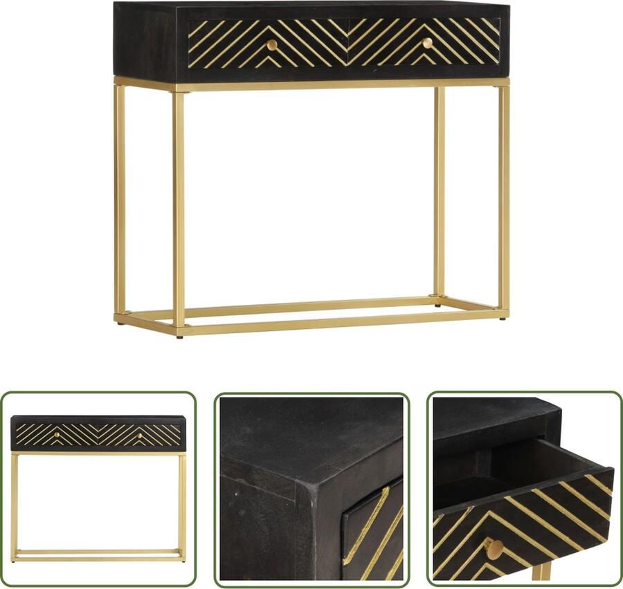 The Living Store Wandtafel 90x30x75 cm massief mangohout zwart en goudkleurig Consoletafel Wandtafel Salontafel Entreetafel Industriële Tafel