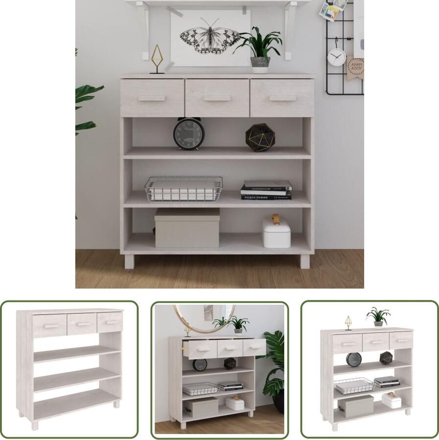 The Living Store HAMAR Wandtafel 90 x 35 x 90 cm Massief grenenhout 3 schappen en 3 lades Wit Wandtafel Salontafel Bijzetkast Consoletafel Grenoble Hout - Foto 2