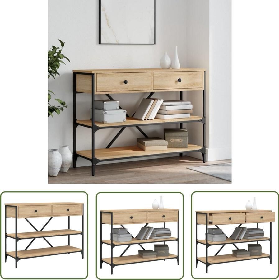 The Living Store Wandtafel met lades en schappen bewerkt hout sonoma eikenkleur Wandtafel Salontafel Bijzetkast Houten Kast Vintage Stijl