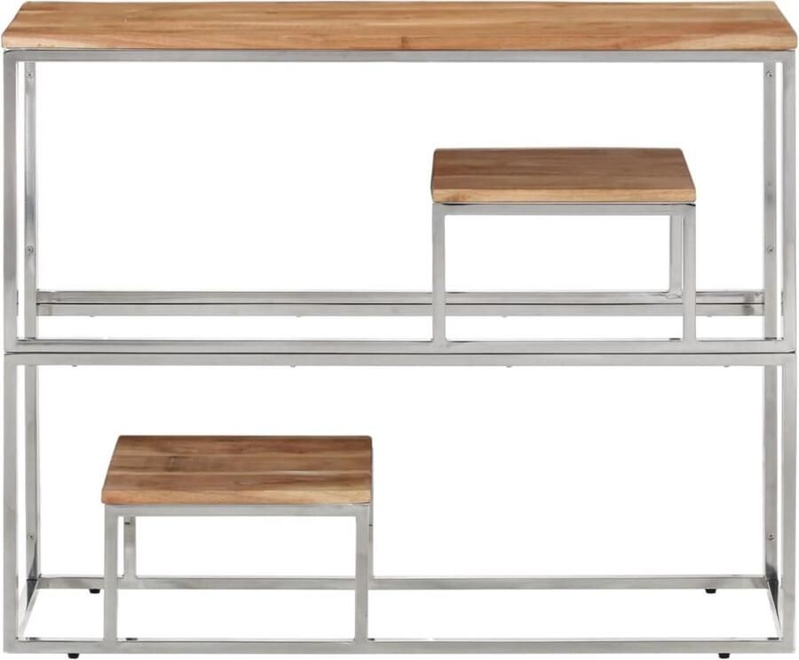 The Living Store Wandtafel roestvrij staal en massief acaciahout zilverkleurig Wandtafel Salontafel Acacia Hout Roestvrijstaal Vintage