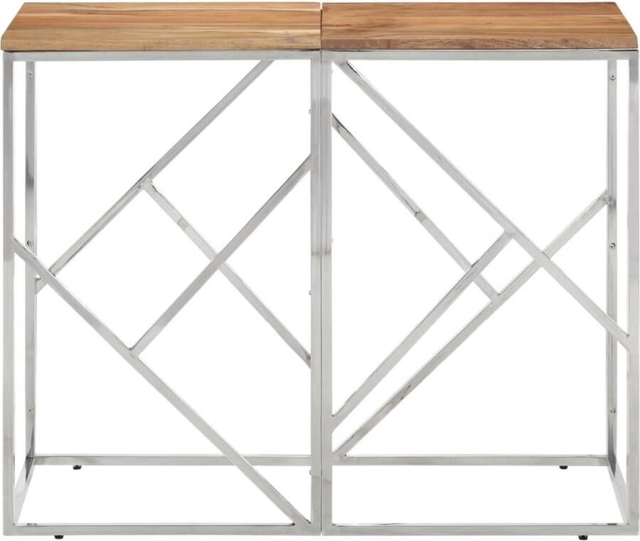 The Living Store Wandtafel roestvrij staal en massief acaciahout zilverkleurig Wandtafel Acacia Hout Salontafel Entreetafel Vintage Meubels