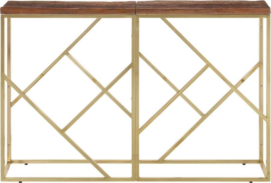 The Living Store Wandtafel roestvrij staal en massief bielshout goudkleurig Wandtafel Industriële Stijl Salontafel Entreetafel Roestvrijstaal