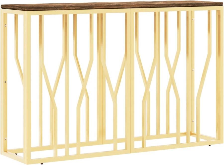 The Living Store Wandtafel roestvrij staal en massief gerecycled hout goudkleur Wandtafel Consoletafel Modern Gouden Kleur Roestvaststaal