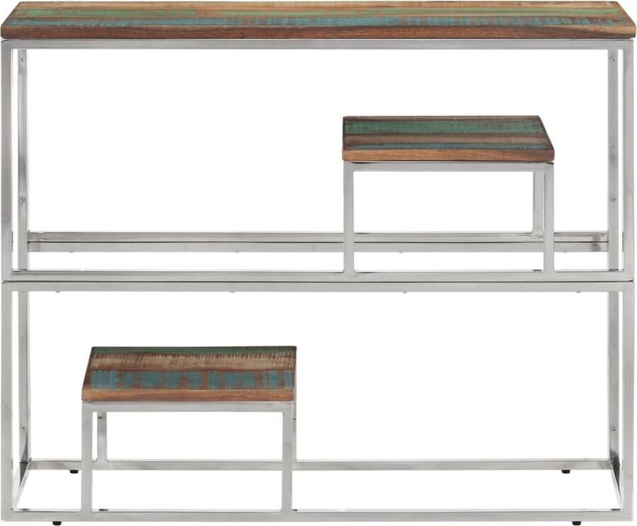 The Living Store Wandtafel roestvrij staal en massief gerecycled hout zilver Gangtafel Salontafel Houten Tafel Vintage Tafel Industriële Tafel