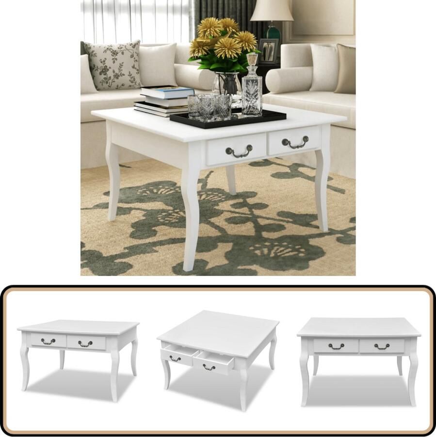 The Living Store Salontafel MDF en grenenhout wit 80 x 80 x 50 cm Met 4 lades Salontafel Houten Salontafel Wit Salontafel Met Lades Vintage Salontafel - Foto 2