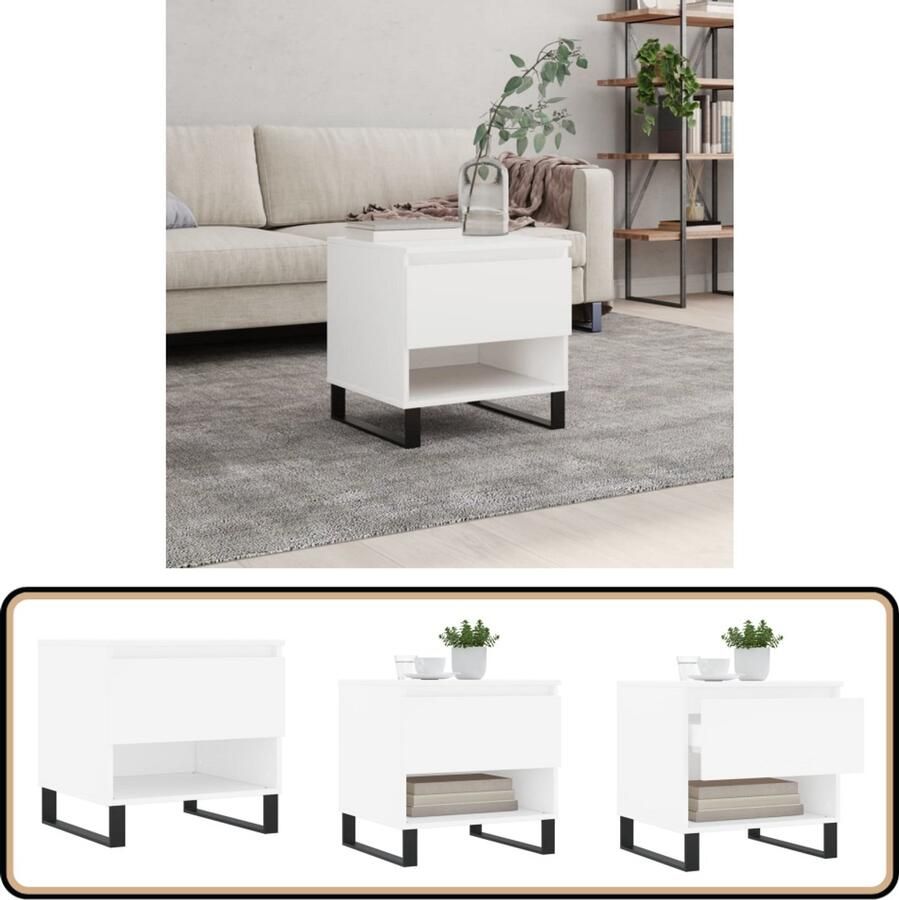 The Living Store Salontafel Wit Hout en Metaal 50 x 46 x 50 cm Met Lade en Opbergruimte Salontafel Houten Salontafel Witte Salontafel Met Lade Woonkamermeubel