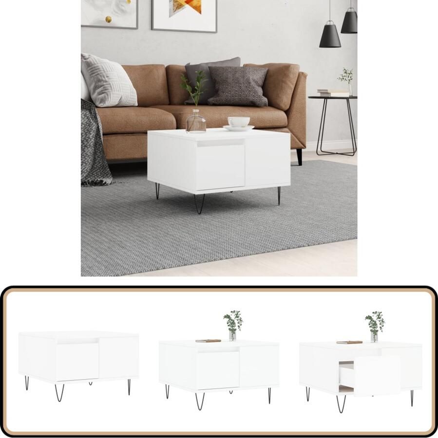 The Living Store Salontafel Bijzettafel met lade 55 x 55 x 36.5 cm Wit Salontafel Bijzettafel Houten Salontafel Witte Salontafel Kleine Salontafel