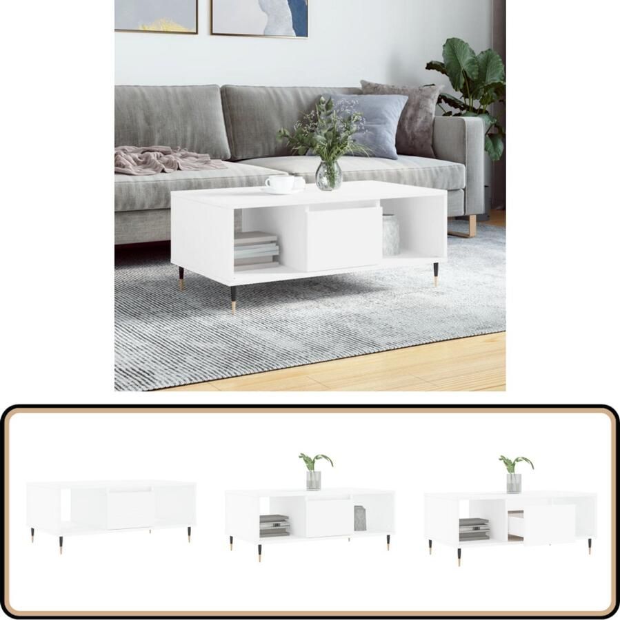 VidaXL Salontafel Wit 90x50x36 5 cm Bewerkt hout Salontafel Bijzettafel Houten Salontafel Witte Salontafel Design Salontafel