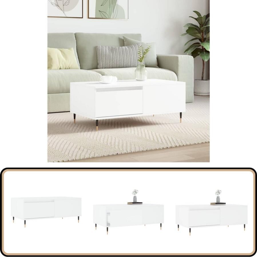 The Living Store Salontafel Trendy Bewerkt hout en metaal 90 x 50 x 36.5 cm Wit Salontafel Bijzettafel Houten Salontafel Witte Salontafel Trendige Salontafel
