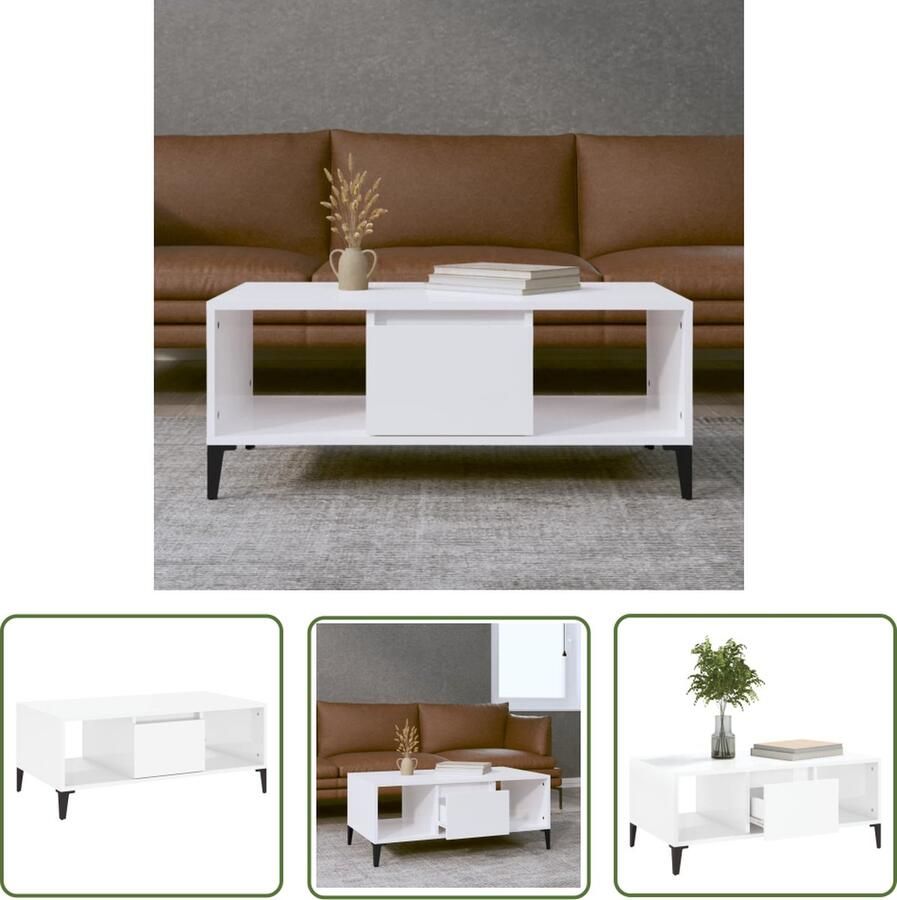 The Living Store IndustriÃle Salontafel 90 x 50 x 36.5 cm Hoogglans wit Industriële Salontafel Wit Houten Salontafel Bijzettafel Tv Tafeltje - Foto 2