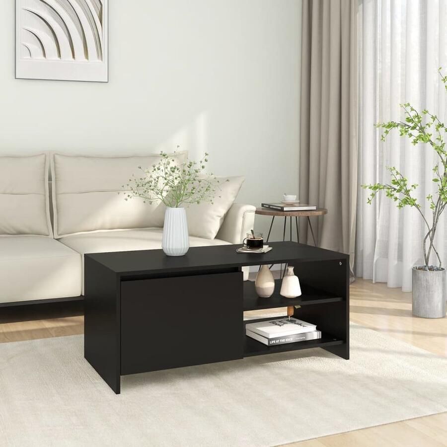 VidaXL Salontafel Zwart Bewerkt hout 102x50x45 cm Salontafel Banktafel Houten Tafel Zwarte Tafel Bewerkthout Woontrends Interieurdecoratie Livingroom Furniture Meubelen - Foto 2