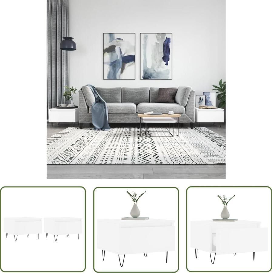 The Living Store Salontafels 2 st 50x46x35 cm bewerkt hout wit Salontafel Salontafeltje Koffietafel Bijzettafel Houten Salontafel - Foto 3