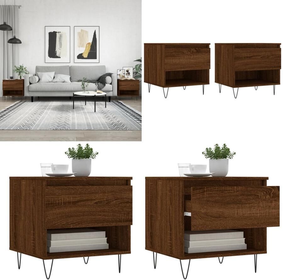 VidaXL Salontafels 2 st 50x46x50 cm bewerkt hout bruin eikenkleur Salontafel Salontafels Tafel Bijzettafel