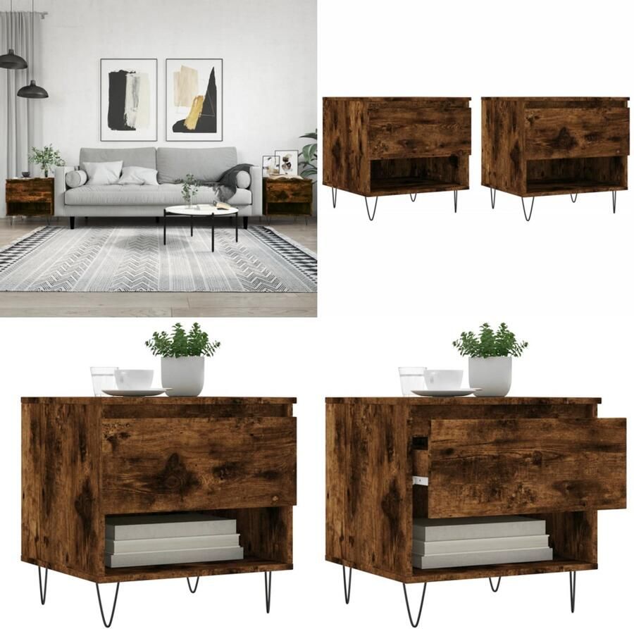 The Living Store Salontafel Gerookt Eiken Bewerkt Hout 50 x 46 x 50 cm Met Lade en Vak Metalen Poten Salontafel Bijzettafel Houten Salontafel Modern Design Bruine Salontafel - Foto 2