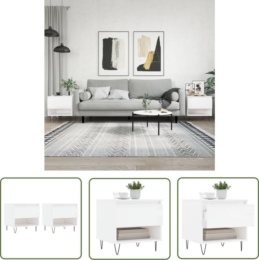 The Living Store Salontafels 2 st 50x46x50 cm bewerkt hout hoogglans wit Salontafel Houten Salontafel Salontafeltje Witte Salontafel Modern Salontafel - Foto 2