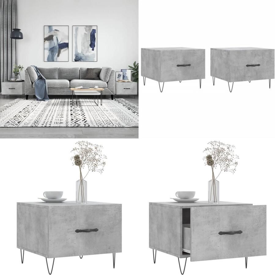 The Living Store Salontafels 2 st 50x50x40 cm bewerkt hout betongrijs Salontafel Beton Look Bijzettafel Koffietafel Houten Salontafel - Foto 2
