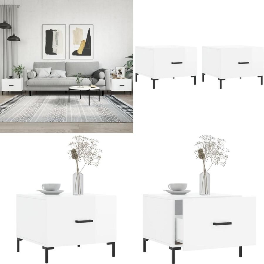 VidaXL Salontafels 2 st 50x50x40 cm bewerkt hout hoogglans wit Salontafel Salontafels Bijzettafel Banktafel