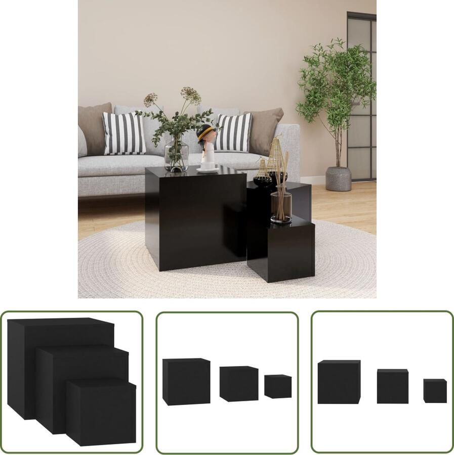 The Living Store Bijzettafelset Spaanplaat Zwart 45 x 45 x 45 cm Montage vereist Bijzet Tafels Salontafels Houten Tafels Zwarte Meubels Spaanplaat Meubel - Foto 2
