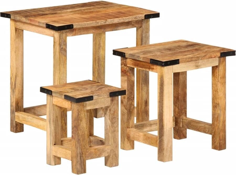 The Living Store Bijzettafeltjesset 3 st massief ruw mangohout Bijzettafel Industrieel Design Mangohout Woonaccessoires Interieurdecoratie