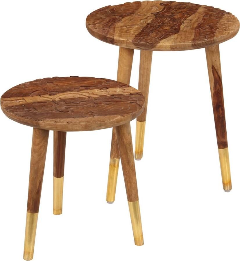 VidaXL Salontafels Massief Hout Set van 2 Graveringen Salontafel Sheeshamhouten Meubilair Houten Salontafeltje Vintage Salontafel Koffietafel Bijzetkast - Foto 2