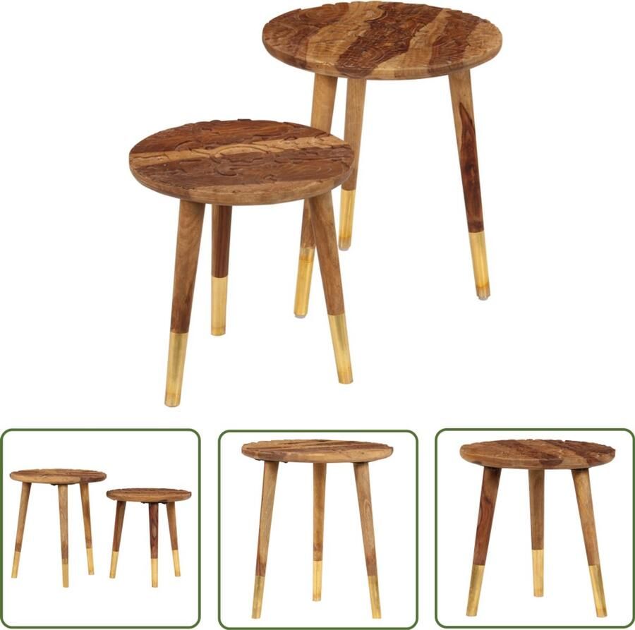 VidaXL Salontafels Massief Hout Set van 2 Graveringen Salontafel Sheeshamhouten Meubilair Houten Salontafeltje Vintage Salontafel Koffietafel Bijzetkast