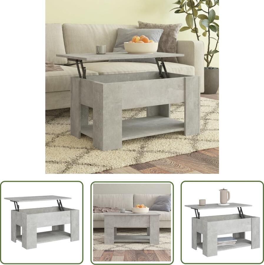 The Living Store Salontafel Betongrijs 79x49x41 cm Lift-top ontwerp Bewerkt hout Opbergruimte Salontafel Salontafels Koffietafel Tv Tafellaar Houten Tafel - Foto 2