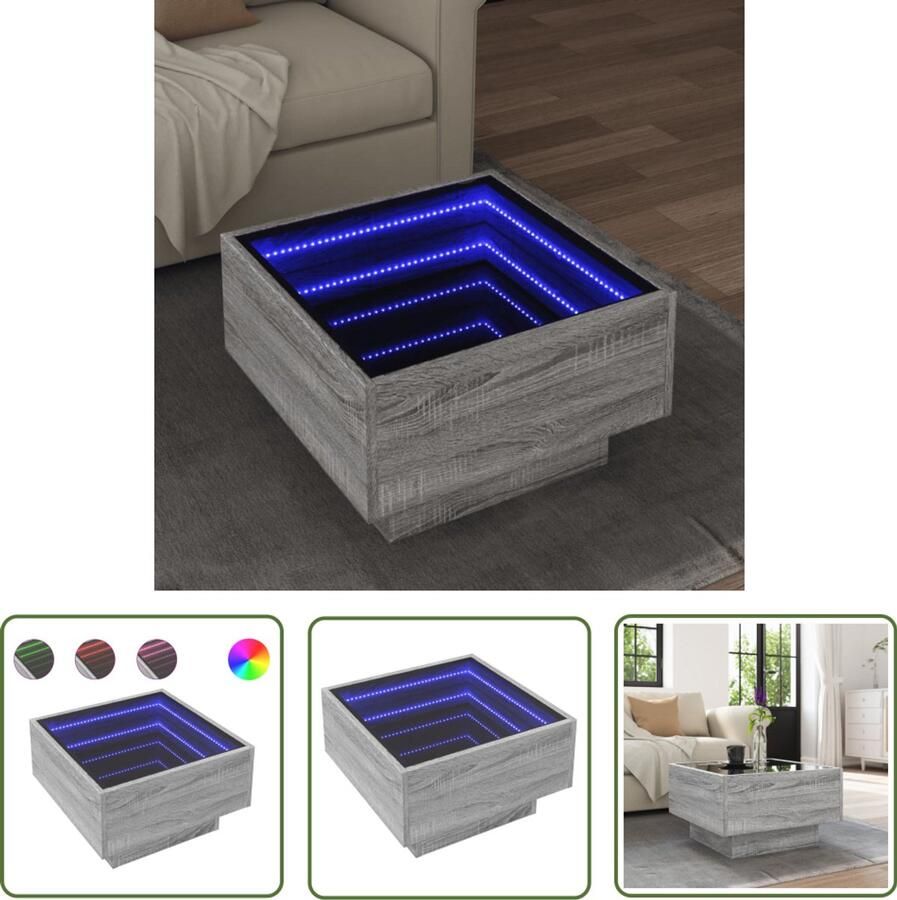 VidaXL Salontafel met LED 50x50x30 cm bewerkt hout grijs sonoma eiken Salontafel Salontafels Tv Tafellaar Led Lamp Lichtgevende Tafel