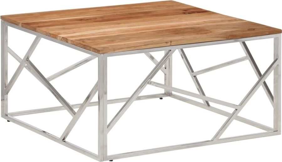 The Living Store Salontafel roestvrij staal en massief acaciahout zilverkleurig Salontafel Houten Salontafel Acacia Hout Roestvrijstaal Koffietafel