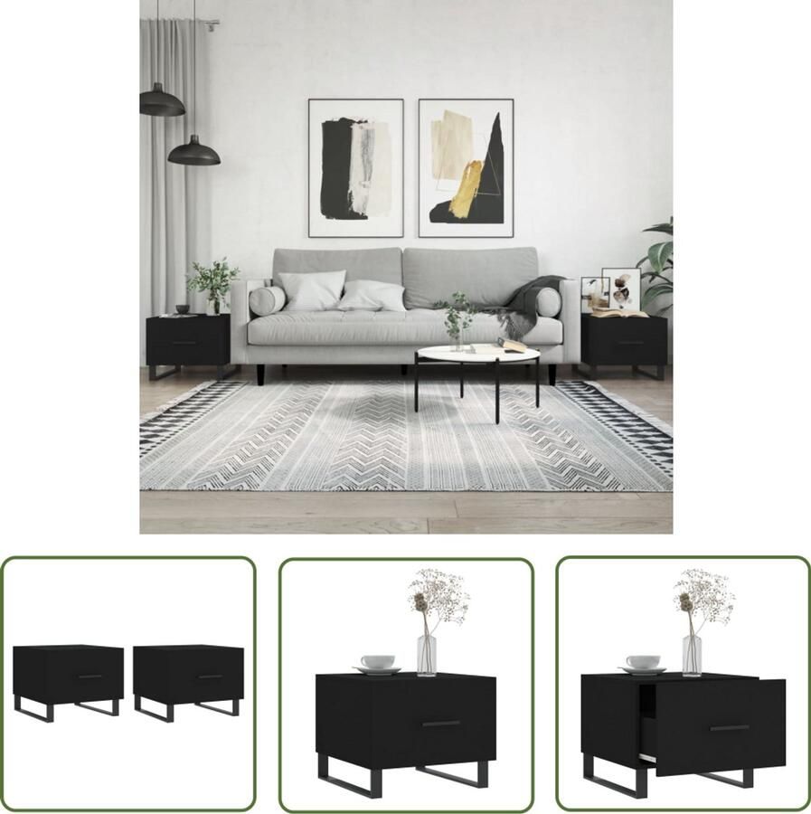 VidaXL Salontafels Set van 2 Hout en IJzer Zwart Salontafel Bijzettafels Koffietafel Houten Tafel Zwarte Tafel Metalen Poten Design Tafel Modern Interieur Living Room Furniture