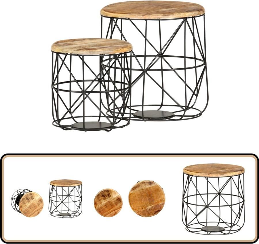 VidaXL Salontafels Set van 2 Mangohout en IJzer Salontafel Mangohout Vintage Design Zwarte Salontafel Koffietafel