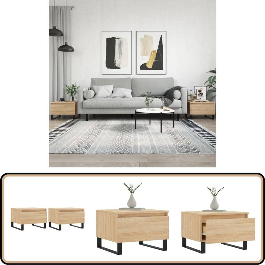 VidaXL Salontafels Set van 2 Sonoma Eiken Hout en Metaal Salontafel Bijzettafels Houten Meubilair Bruine Meubelen Designmeubelen Living Accessoires Tv Tafels Stoere Meubelen Modern Wonen Sonoma Eiken