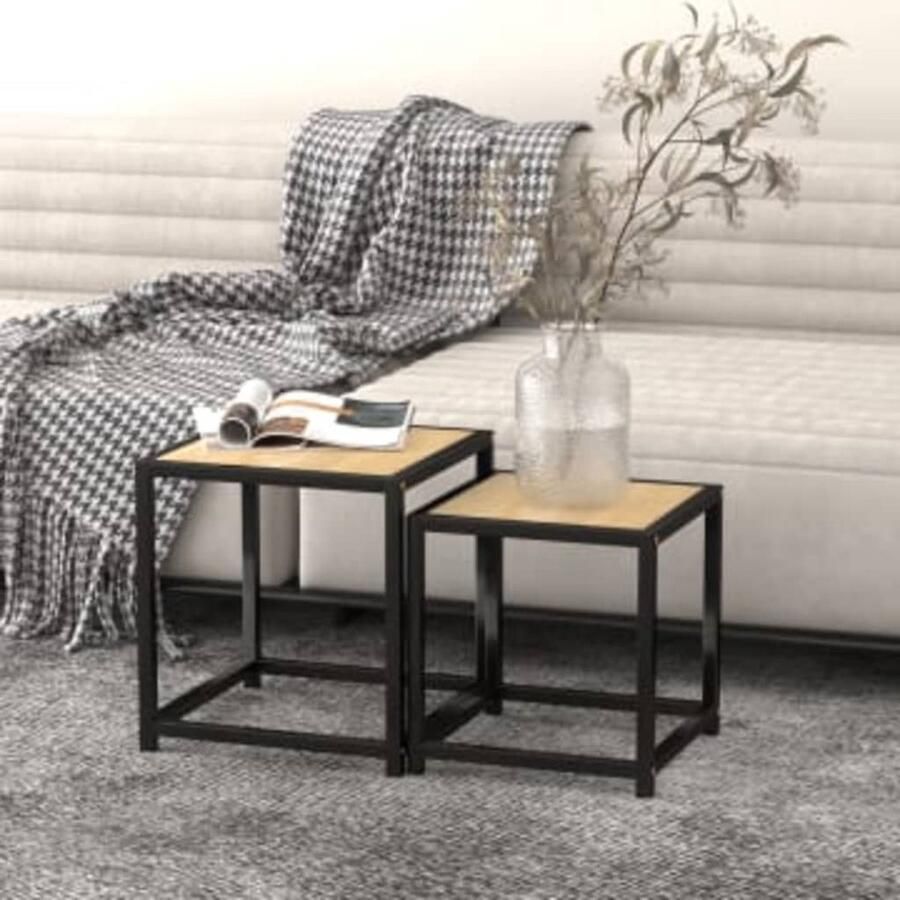VidaXL Salontafels Set van 2 Sonoma Eiken MDF Salontafel Set Industrieel Design Houten Tafels Mdf Meubilair Zwarte Metalen Poten Kleine Salontafel Grote Salontafel Duo Salontafels Living Room Decor Bruine Salontafel - Foto 2
